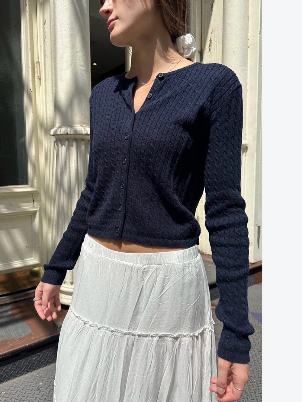 Brandy Melville Women’s Navy Cable-Knit Button Cardigan Sweater 100% Cotton